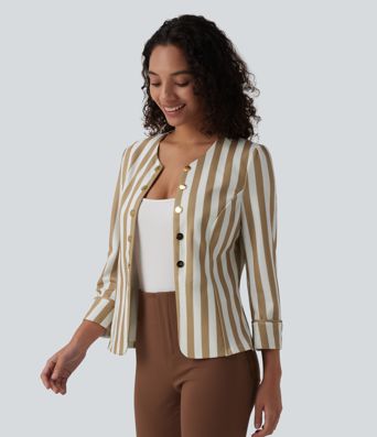 Round Neck 3/4 Sleeve Decorative Button Color Block Stripes Slim Work Blazer Round Neck 3/4 Sleeve Decorative Button Color Block Stripes Slim Work Blazer