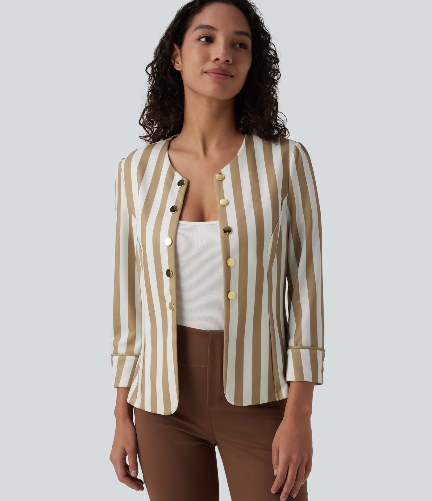 Round Neck 3/4 Sleeve Decorative Button Color Block Stripes Slim Work Blazer Round Neck 3/4 Sleeve Decorative Button Color Block Stripes Slim Work Blazer