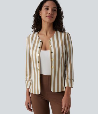 Round Neck 3/4 Sleeve Decorative Button Color Block Stripes Slim Work Blazer Round Neck 3/4 Sleeve Decorative Button Color Block Stripes Slim Work Blazer