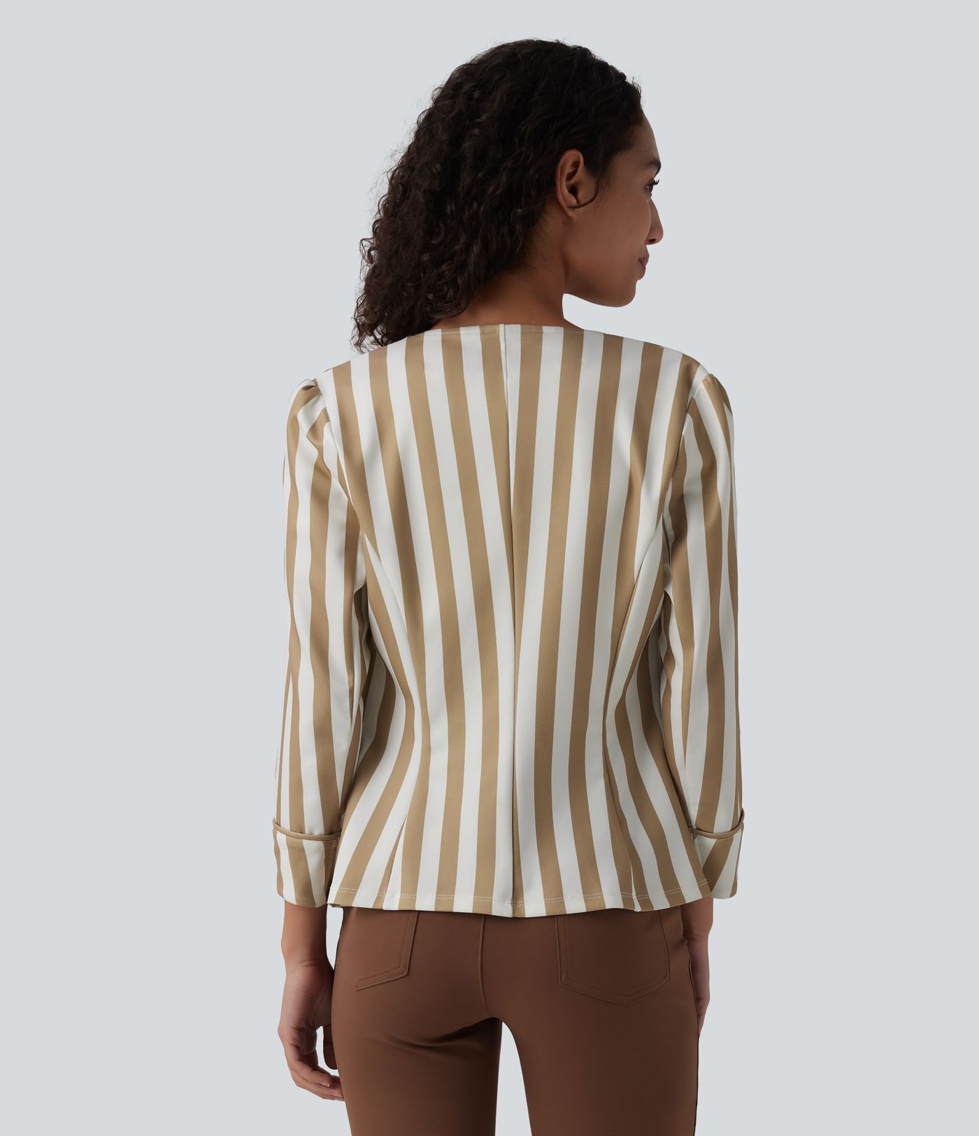 Round Neck 3/4 Sleeve Decorative Button Color Block Stripes Slim Work Blazer Round Neck 3/4 Sleeve Decorative Button Color Block Stripes Slim Work Blazer