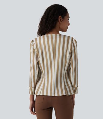 Round Neck 3/4 Sleeve Decorative Button Color Block Stripes Slim Work Blazer Round Neck 3/4 Sleeve Decorative Button Color Block Stripes Slim Work Blazer