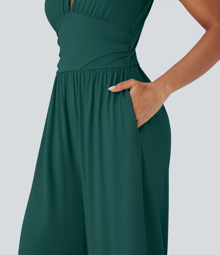 Softlyzero™ Airy V Neck Sleeveless Ruched Side Pocket Invisible Zipper  Casual Jumpsuit-Easy Peezy
