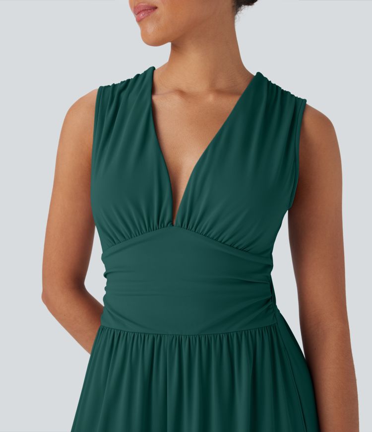 Softlyzero™ Airy V Neck Sleeveless Ruched Side Pocket Invisible Zipper  Casual Jumpsuit-Easy Peezy