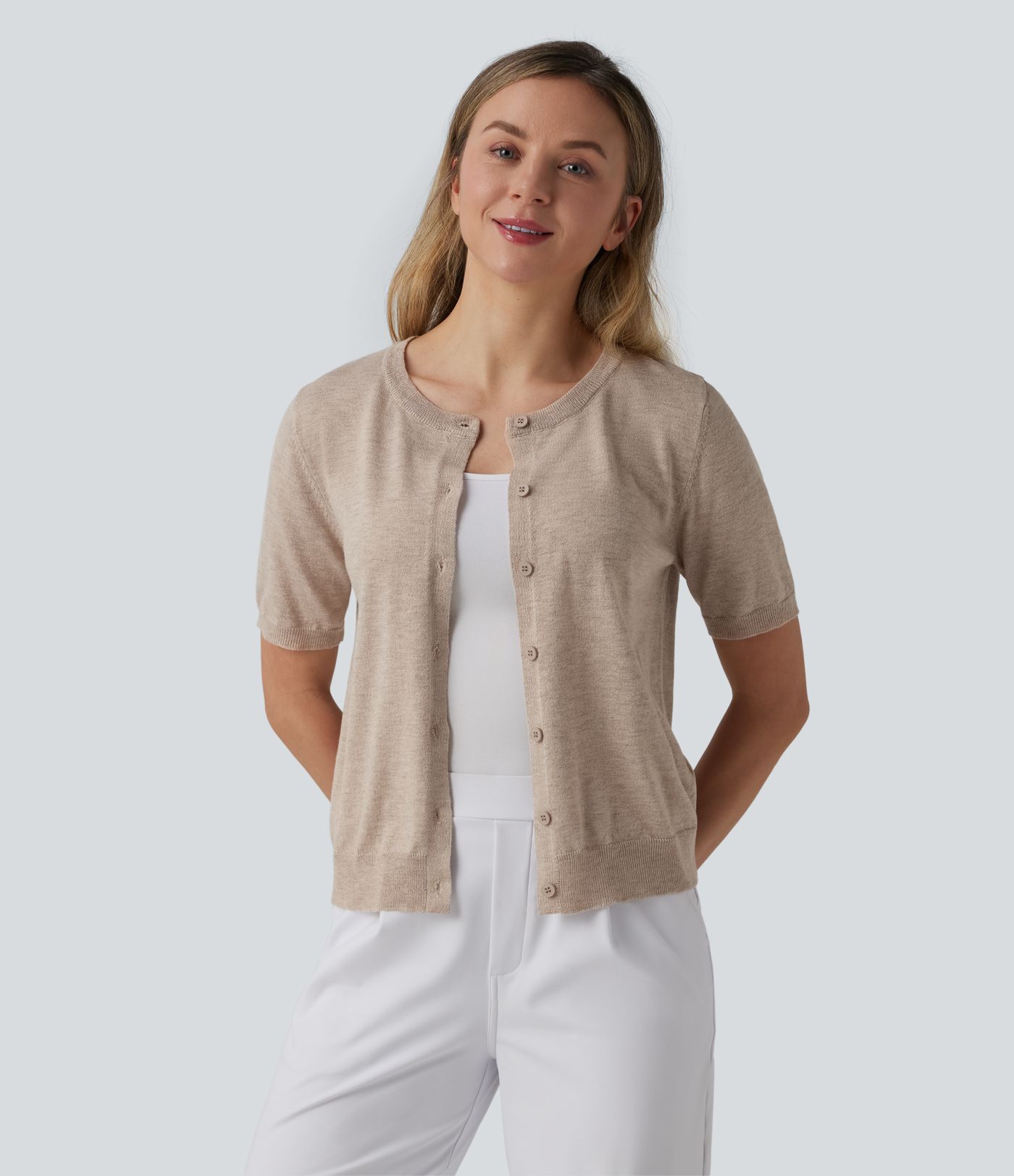 Round Neck Short Sleeve Work Wool-Blend Cardigan
