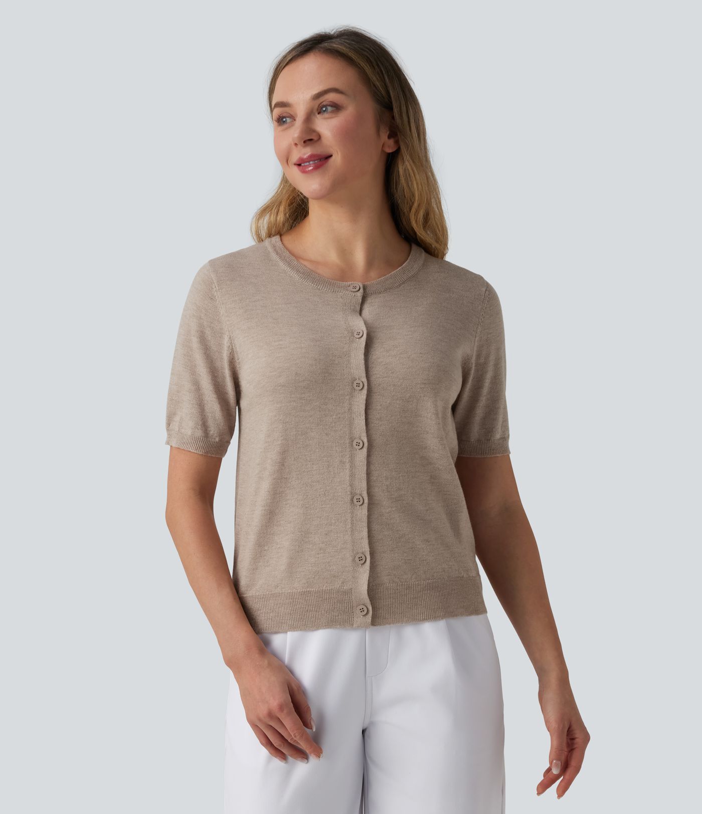 Round Neck Short Sleeve Work Wool-Blend Cardigan