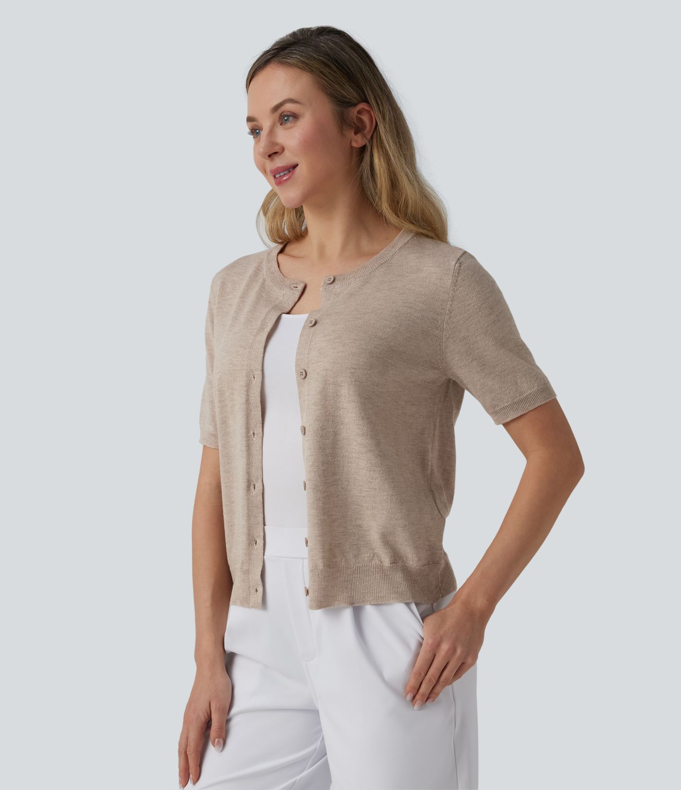 Round Neck Short Sleeve Work Wool-Blend Cardigan