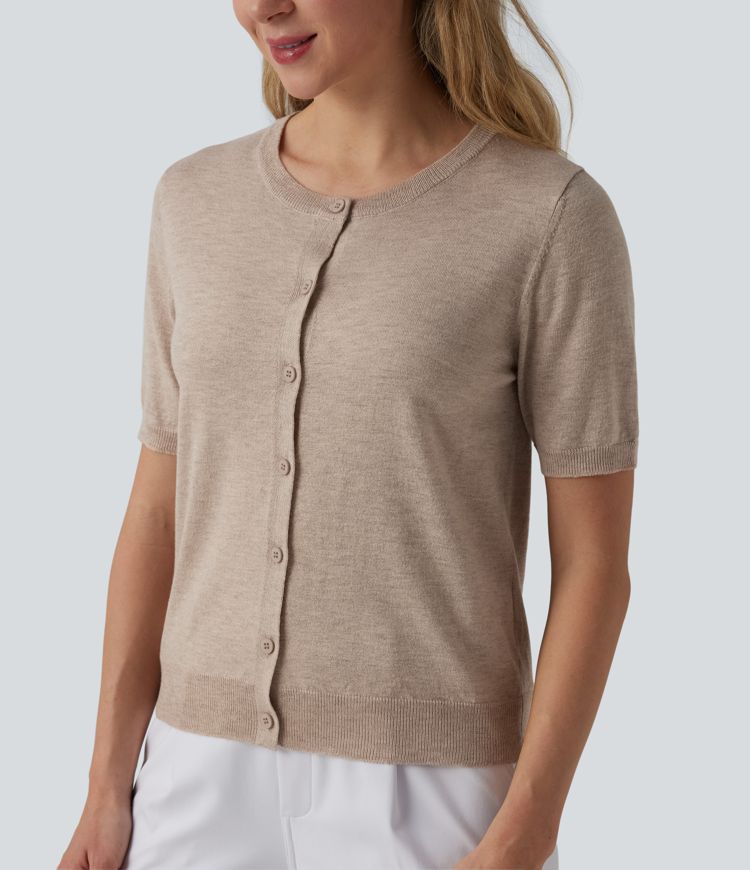 Round Neck Short Sleeve Work Wool-Blend Cardigan