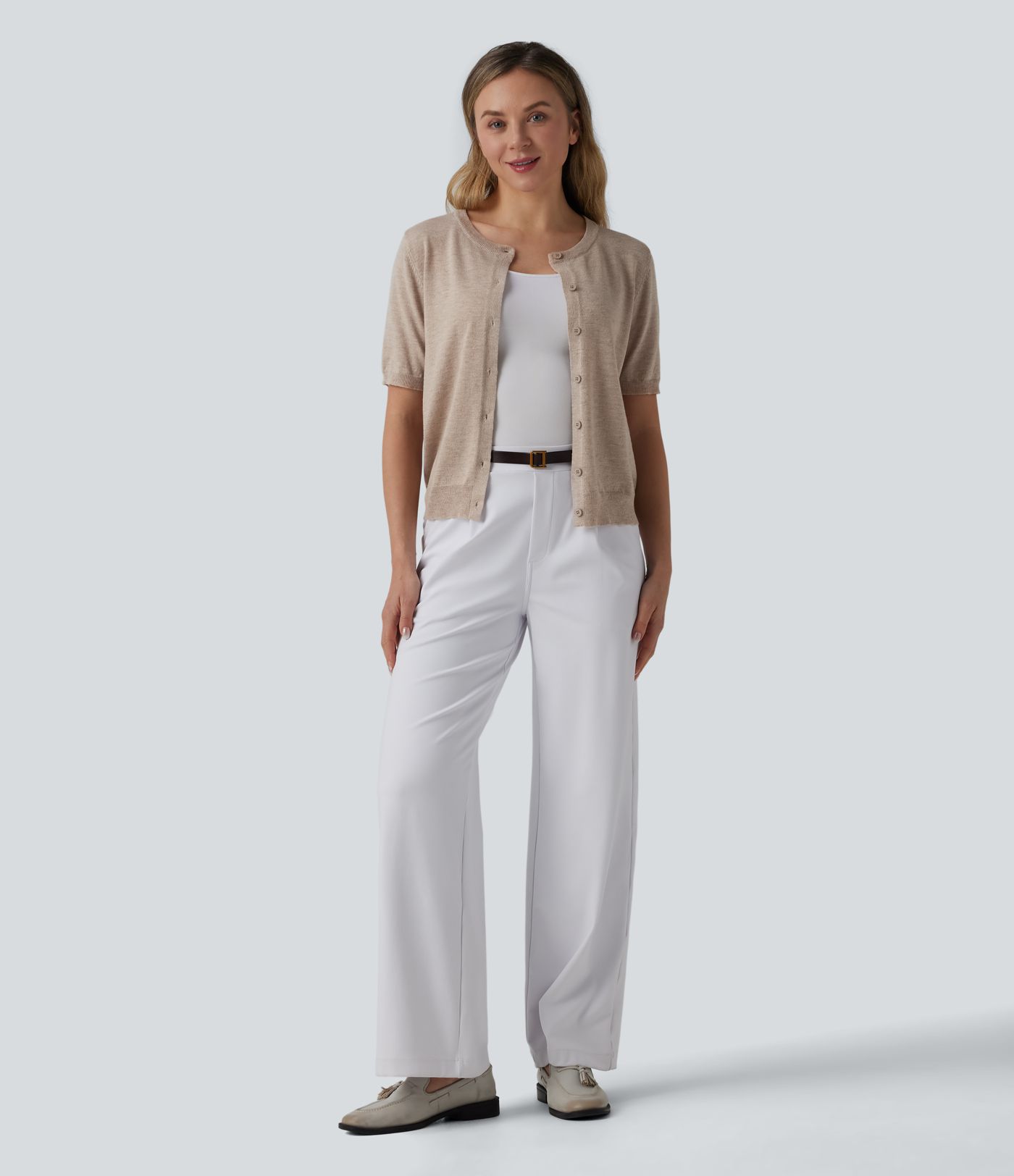 Round Neck Short Sleeve Work Wool-Blend Cardigan