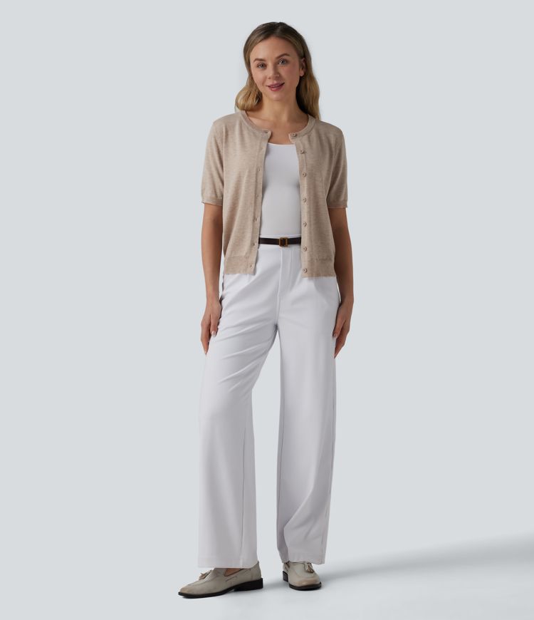 Round Neck Short Sleeve Work Wool-Blend Cardigan