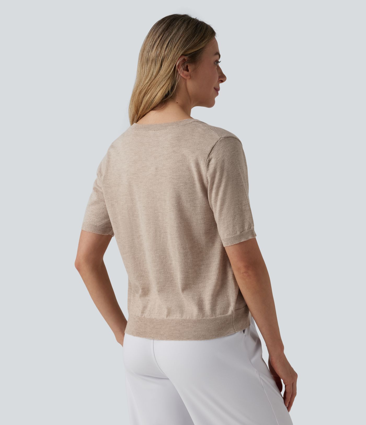 Round Neck Short Sleeve Work Wool-Blend Cardigan