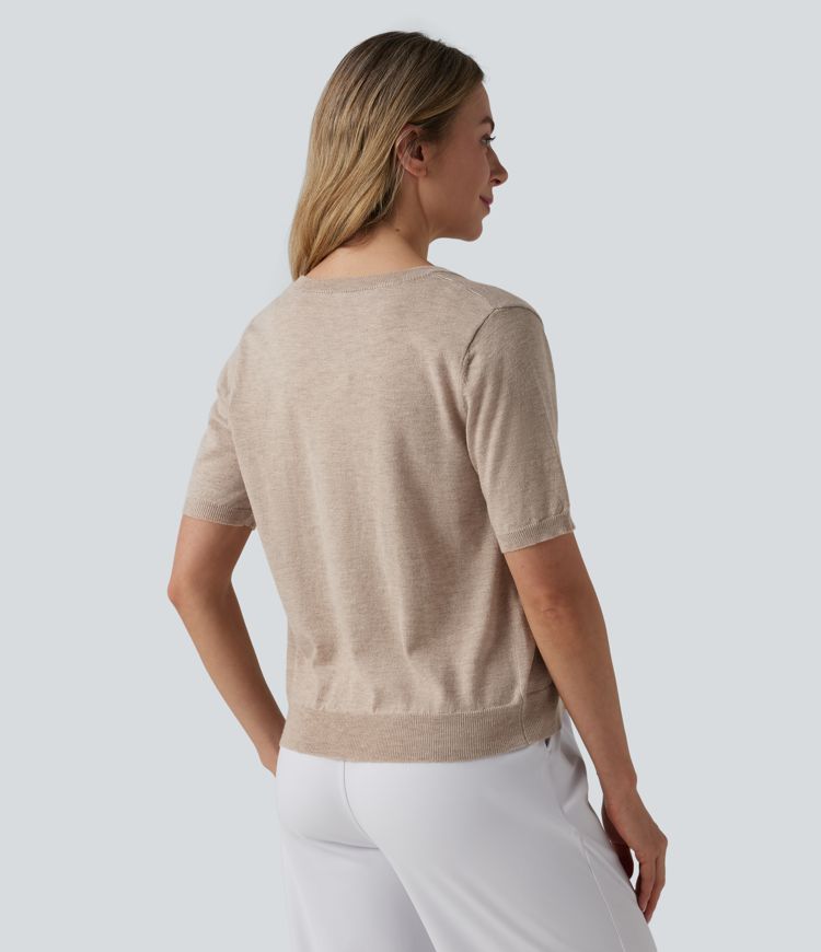 Round Neck Short Sleeve Work Wool-Blend Cardigan