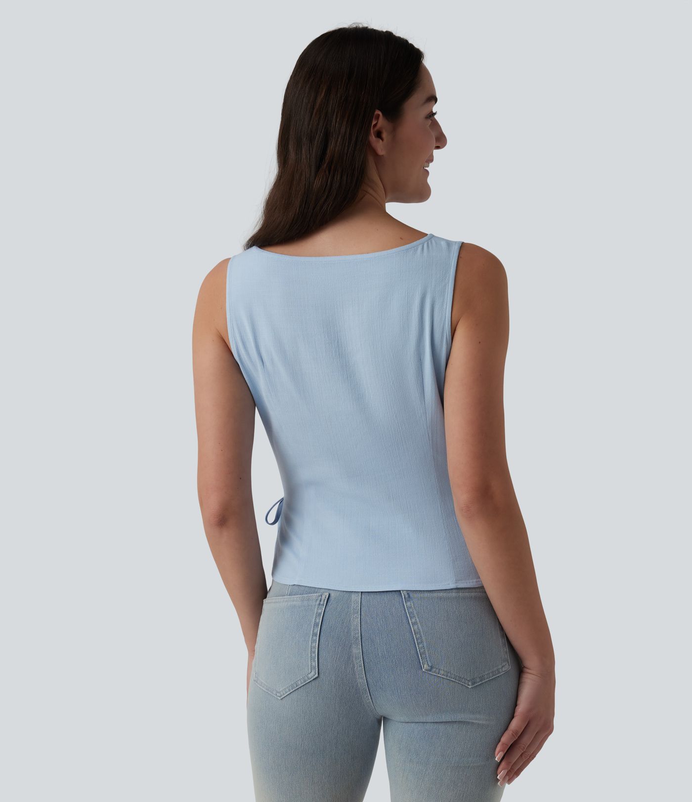 Boat Neck Tie Side Casual Linen-Feel Tank Top