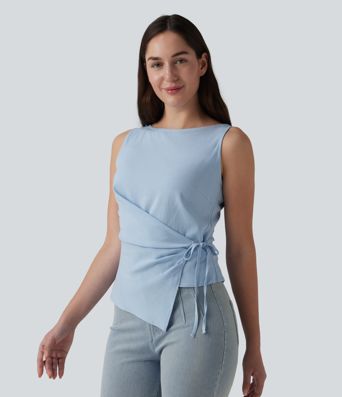 Boat Neck Tie Side Casual Linen-Feel Tank Top