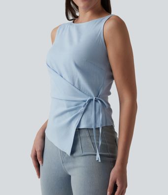 Boat Neck Tie Side Casual Linen-Feel Tank Top