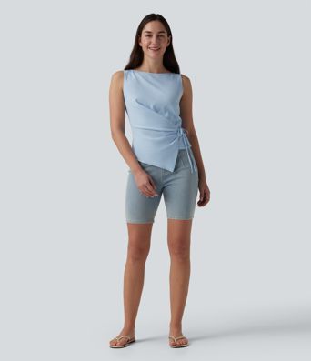 Boat Neck Tie Side Casual Linen-Feel Tank Top