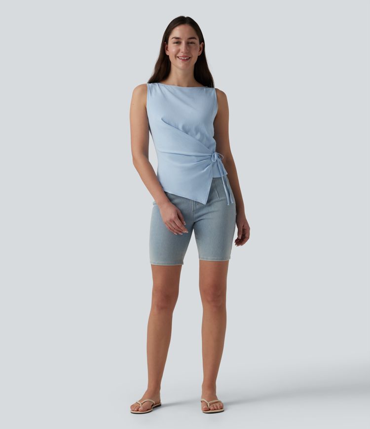 Boat Neck Tie Side Casual Linen-Feel Tank Top