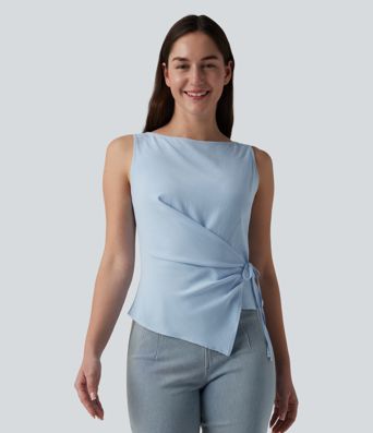 Boat Neck Tie Side Casual Linen-Feel Tank Top