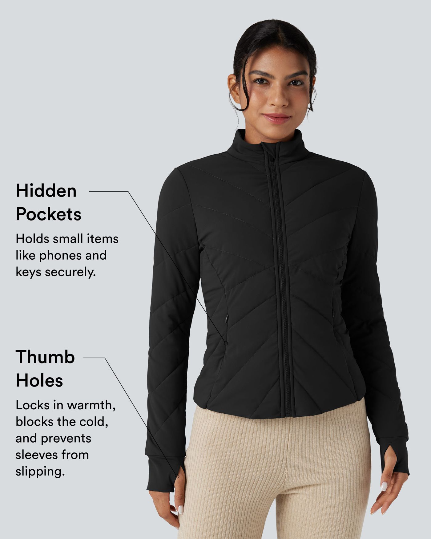 Cappotto casual con collo alla coreana, maniche lunghe con foro per il pollice e tasche