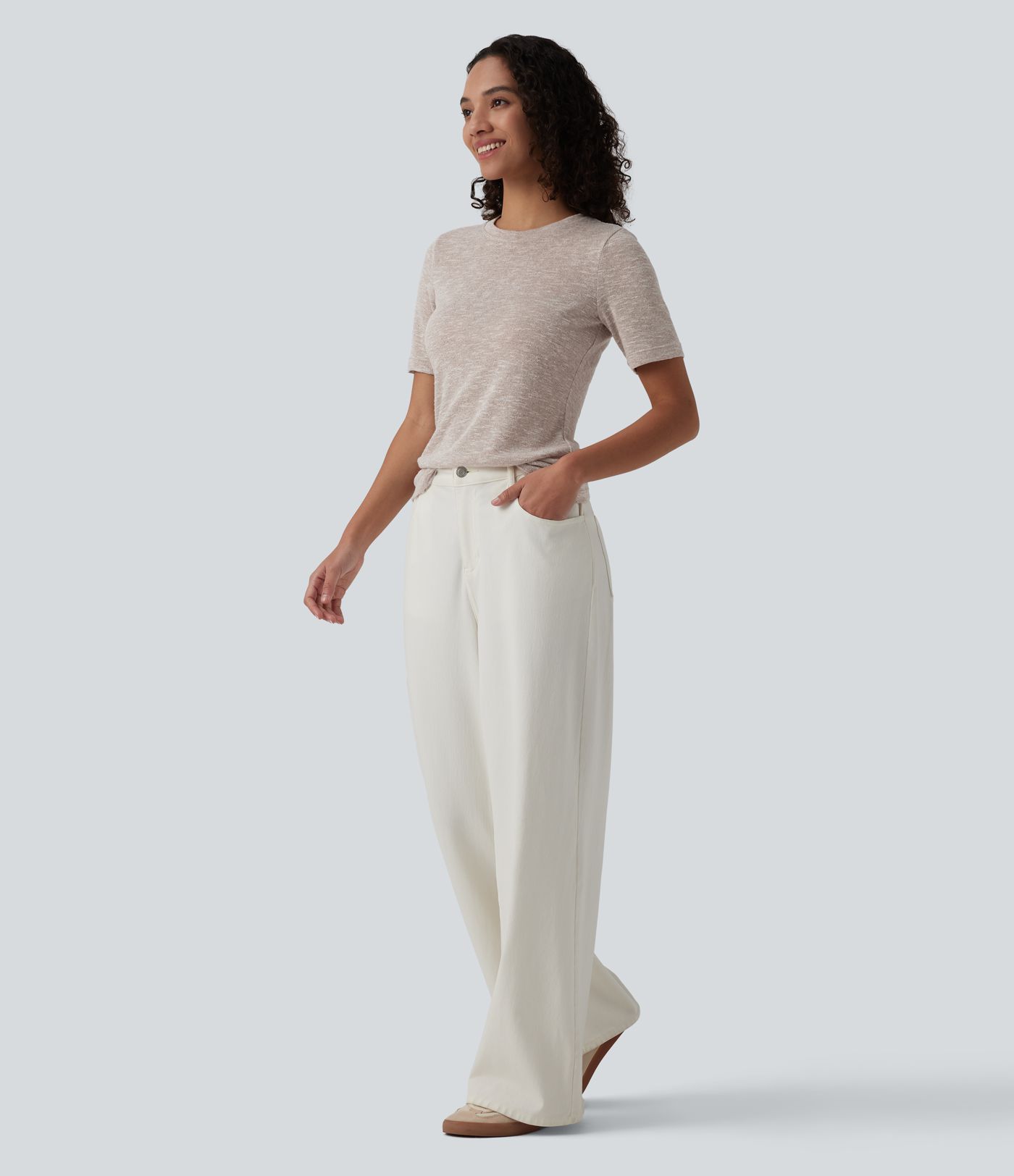 Semi Sheer Heathered Round Neck Short Sleeve Casual T-Shirt