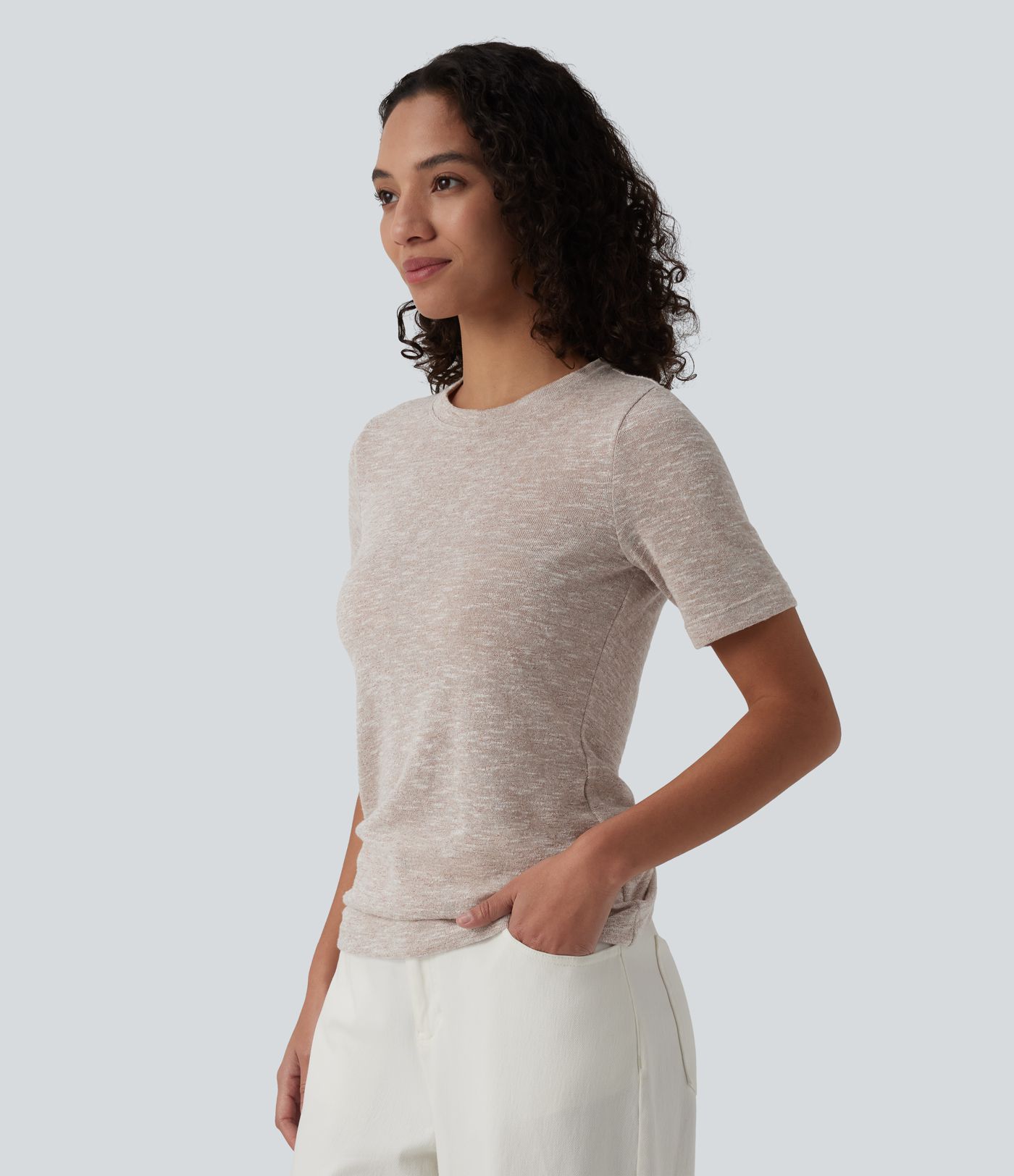 Semi Sheer Heathered Round Neck Short Sleeve Casual T-Shirt