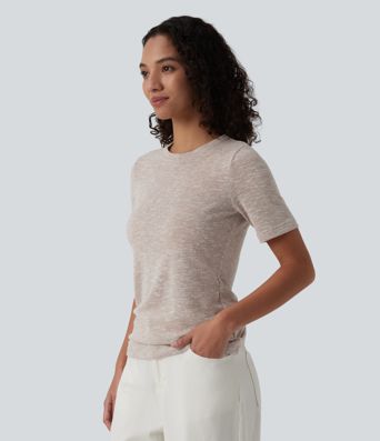 Semi Sheer Heathered Round Neck Short Sleeve Casual T-Shirt