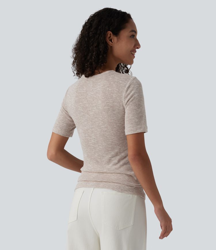 Semi Sheer Heathered Round Neck Short Sleeve Casual T-Shirt