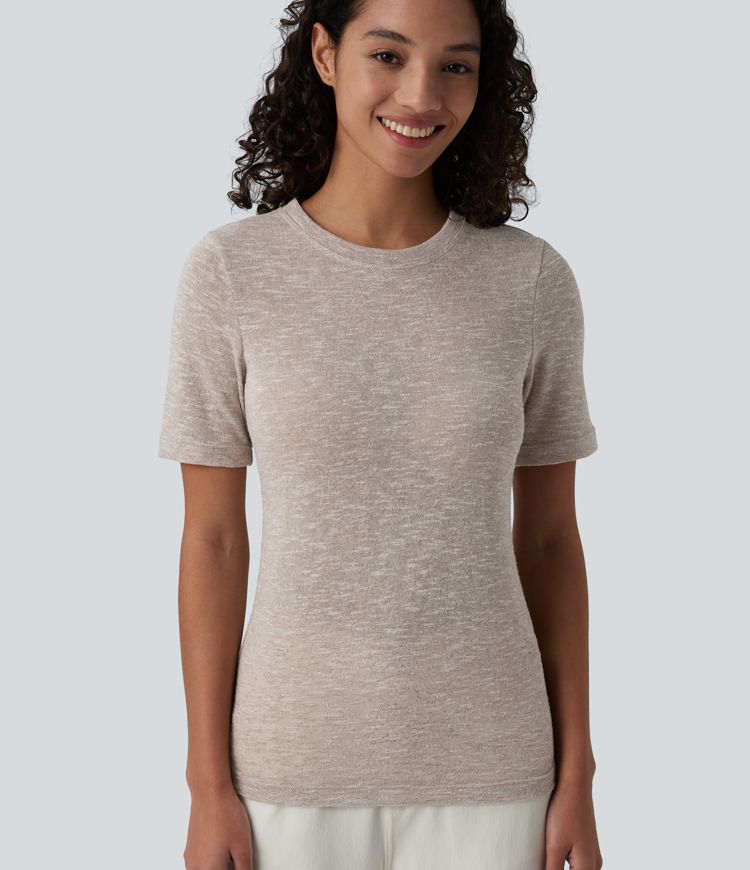 Semi Sheer Heathered Round Neck Short Sleeve Casual T-Shirt