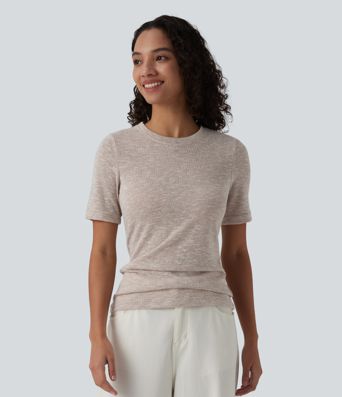 Semi Sheer Heathered Round Neck Short Sleeve Casual T-Shirt