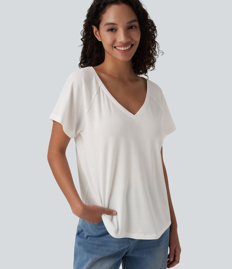 V Neck Raglan Short Sleeve Relaxed Casual T-Shirt