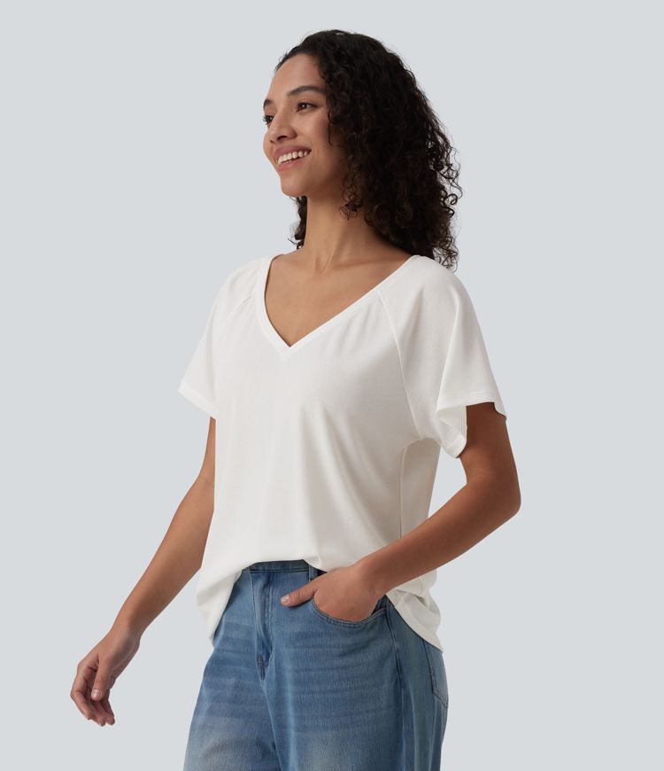 V Neck Raglan Short Sleeve Relaxed Casual T-Shirt