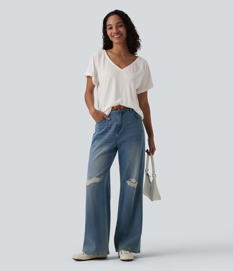 V Neck Raglan Short Sleeve Relaxed Casual T-Shirt