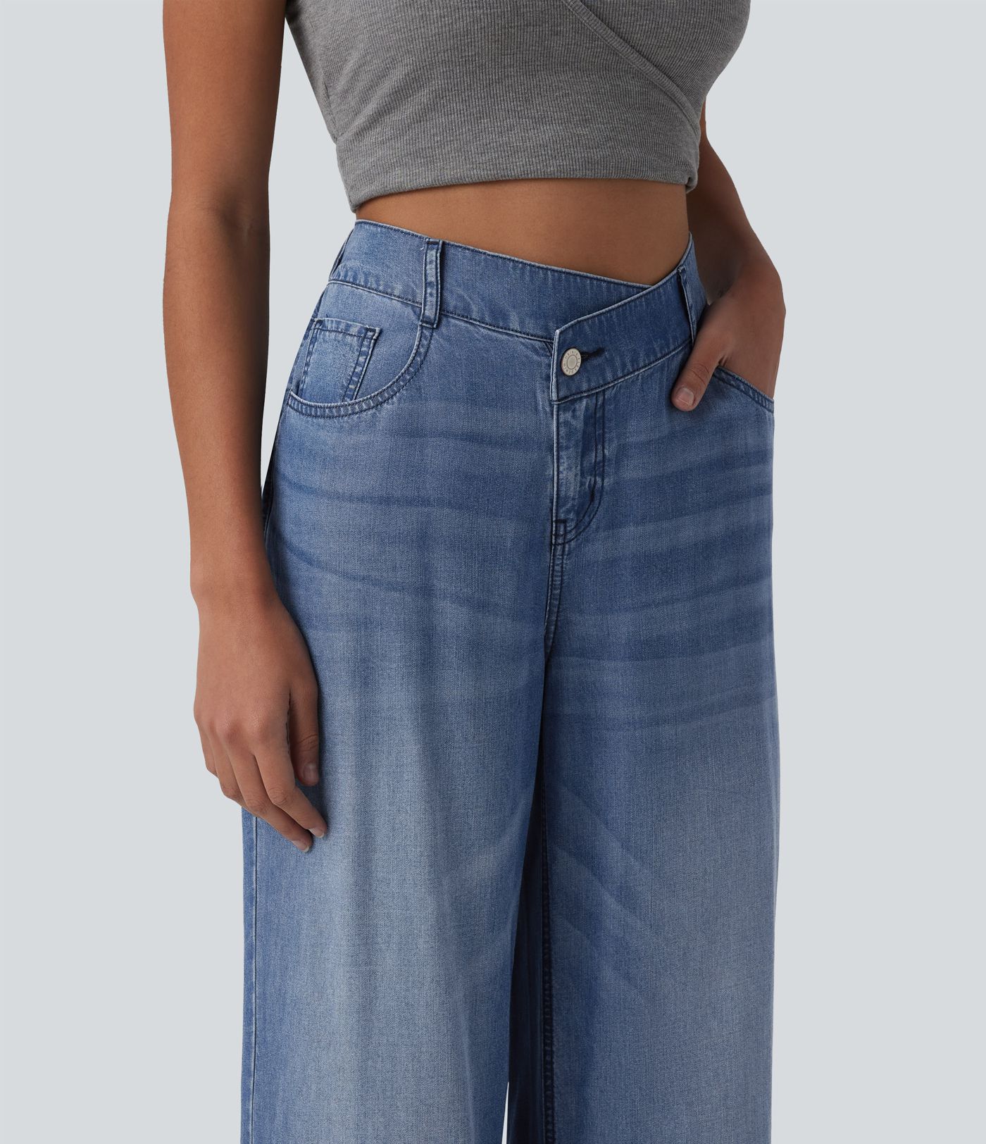 Asymmetric Mid Rise Draped Wide Leg Casual Jeans with Pockets