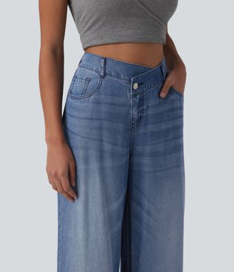 Asymmetric Mid Rise Draped Wide Leg Casual Jeans with Pockets