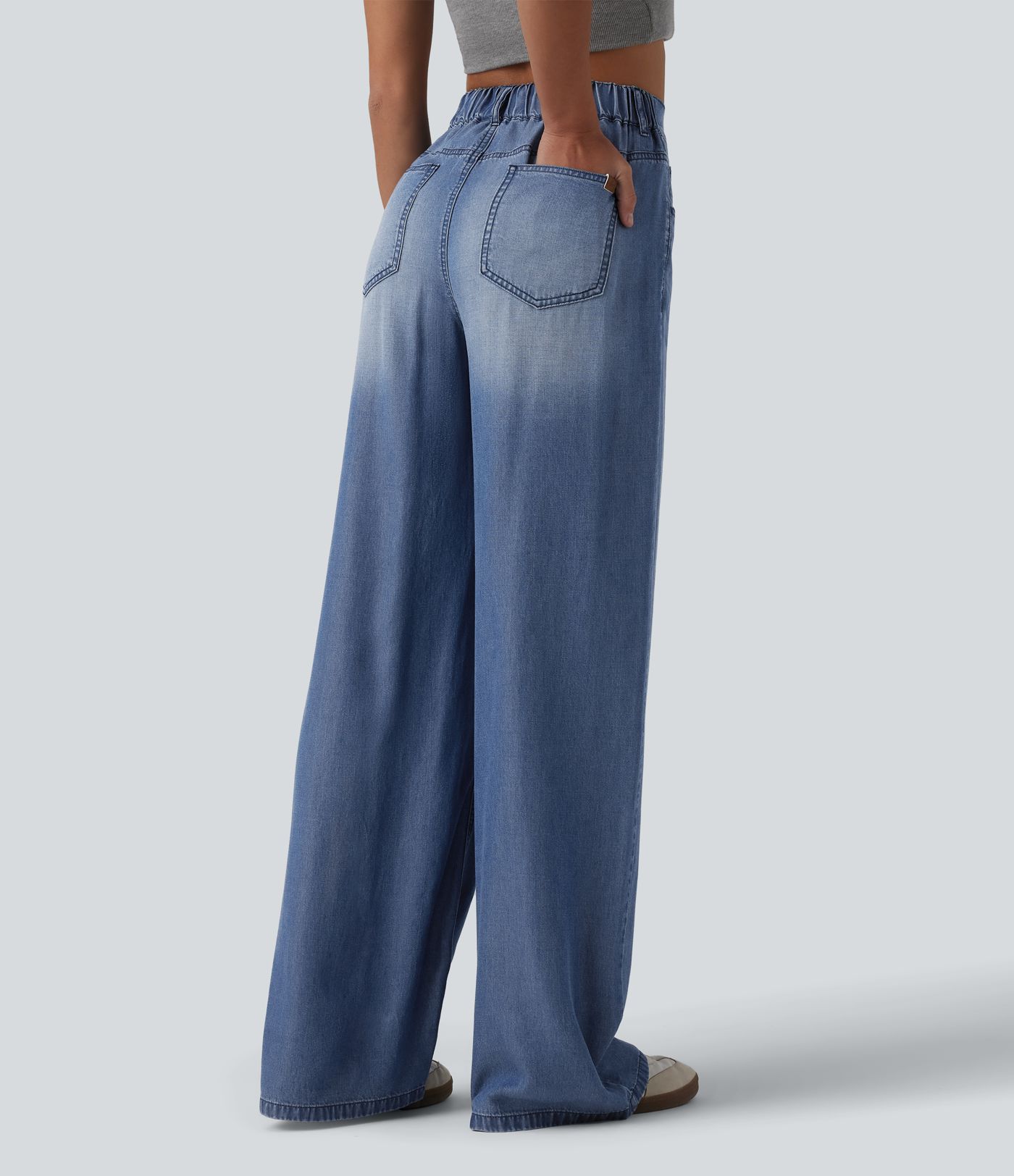 Asymmetric Mid Rise Draped Wide Leg Casual Jeans with Pockets