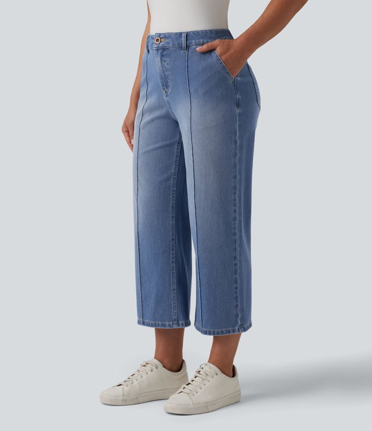 Halara Flex™ Mid Rise Straight Leg Washed Cropped Casual Jeans with Pockets Halara Flex™ Mid Rise Straight Leg Washed Cropped Casual Jeans with Pockets