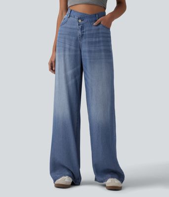 Asymmetric Mid Rise Draped Wide Leg Casual Jeans with Pockets