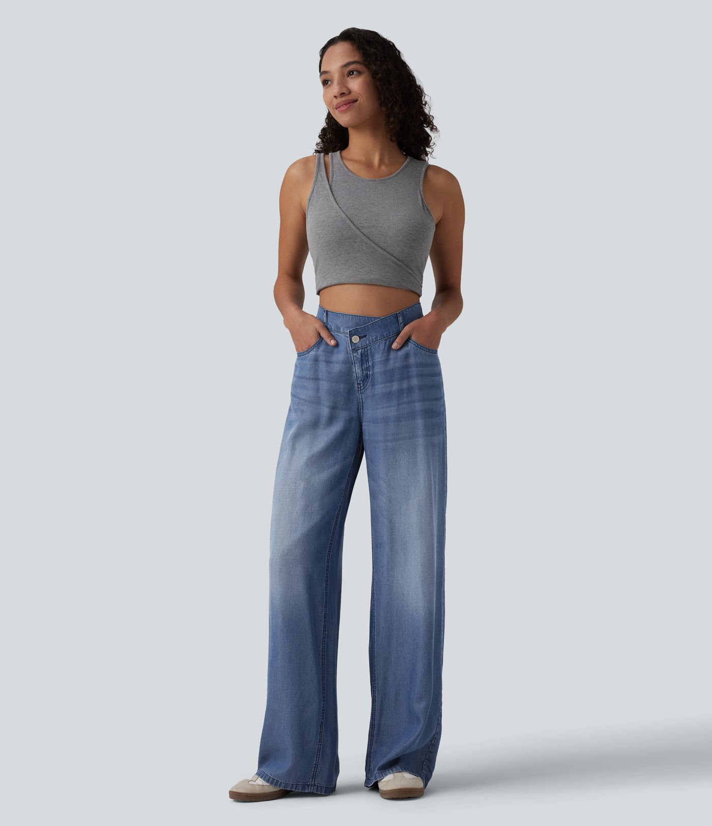 Asymmetric Mid Rise Draped Wide Leg Casual Jeans with Pockets
