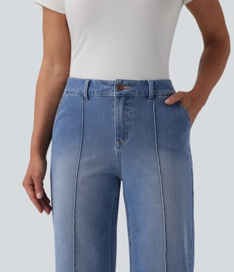 Halara Flex™ Mid Rise Straight Leg Washed Cropped Casual Jeans with Pockets Halara Flex™ Mid Rise Straight Leg Washed Cropped Casual Jeans with Pockets