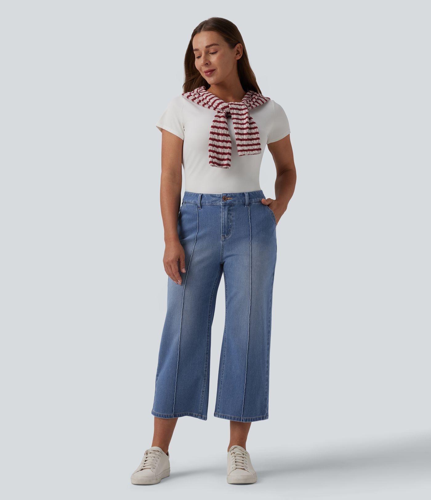 Halara Flex™ Mid Rise Straight Leg Washed Cropped Casual Jeans with Pockets Halara Flex™ Mid Rise Straight Leg Washed Cropped Casual Jeans with Pockets