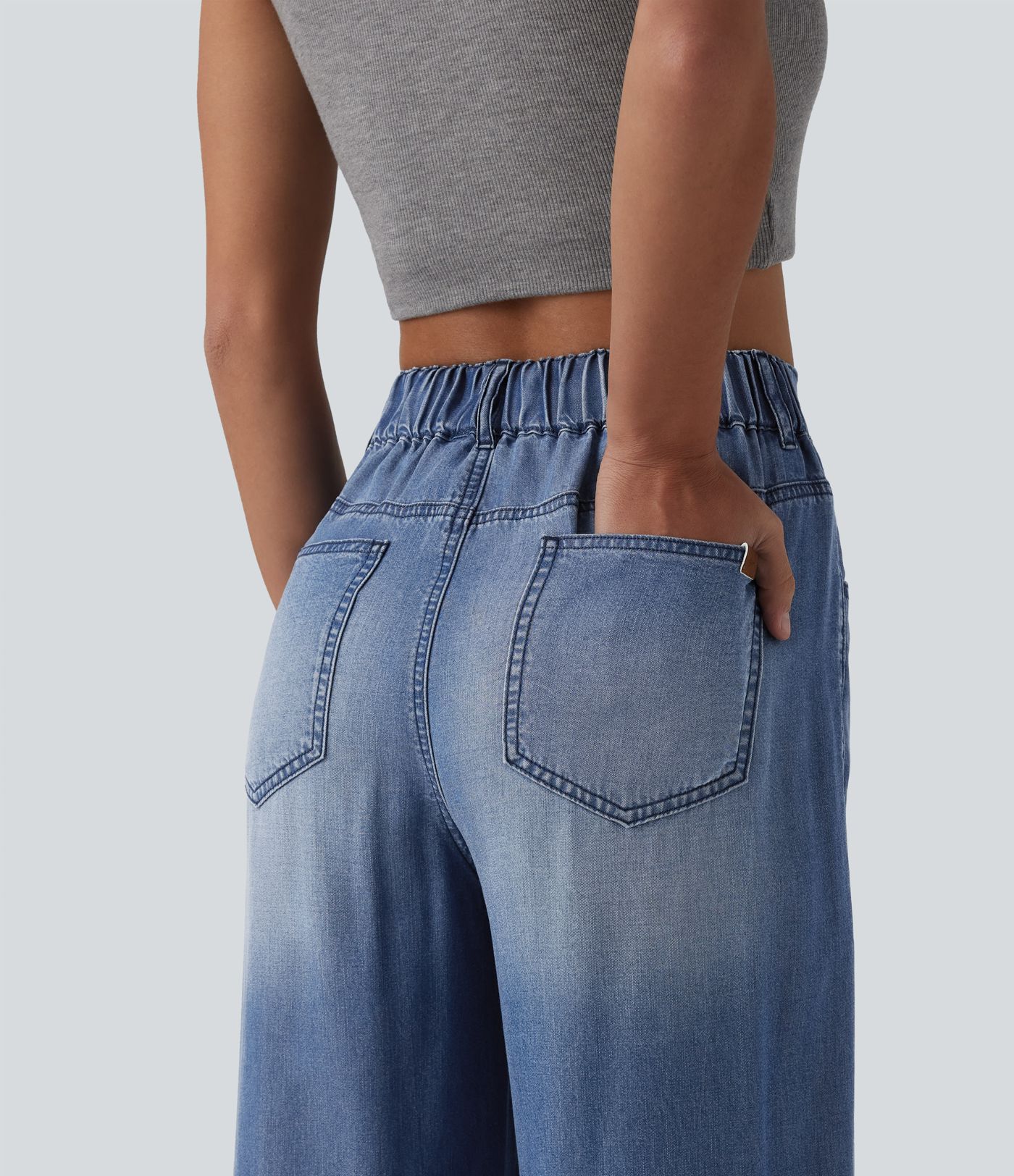 Asymmetric Mid Rise Draped Wide Leg Casual Jeans with Pockets