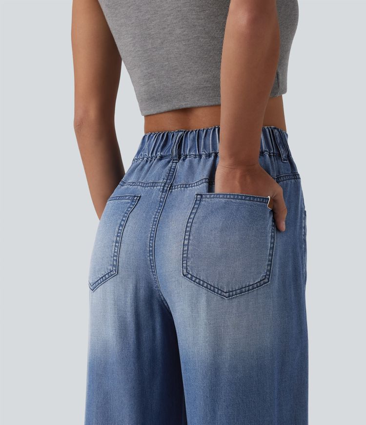 Asymmetric Mid Rise Draped Wide Leg Casual Jeans with Pockets