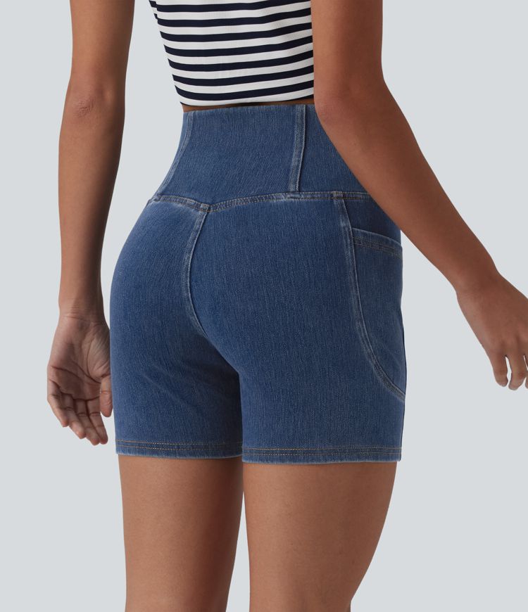 Halara Flex™ Crossover High Waisted Tummy Control Denim Casual Skinny Shorts 5'' with Pockets