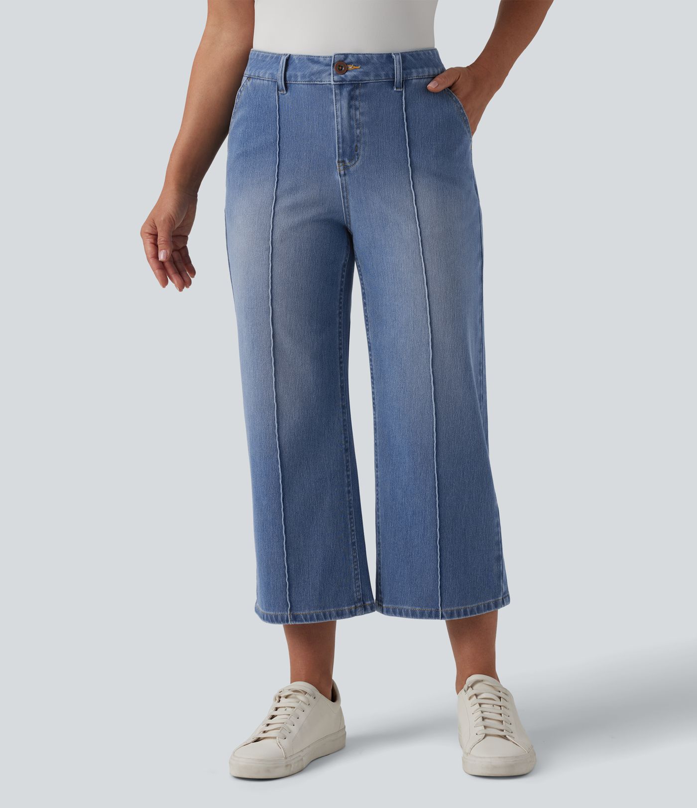 Halara Flex™ Mid Rise Straight Leg Washed Cropped Casual Jeans with Pockets Halara Flex™ Mid Rise Straight Leg Washed Cropped Casual Jeans with Pockets