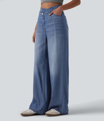 Asymmetric Mid Rise Draped Wide Leg Casual Jeans with Pockets
