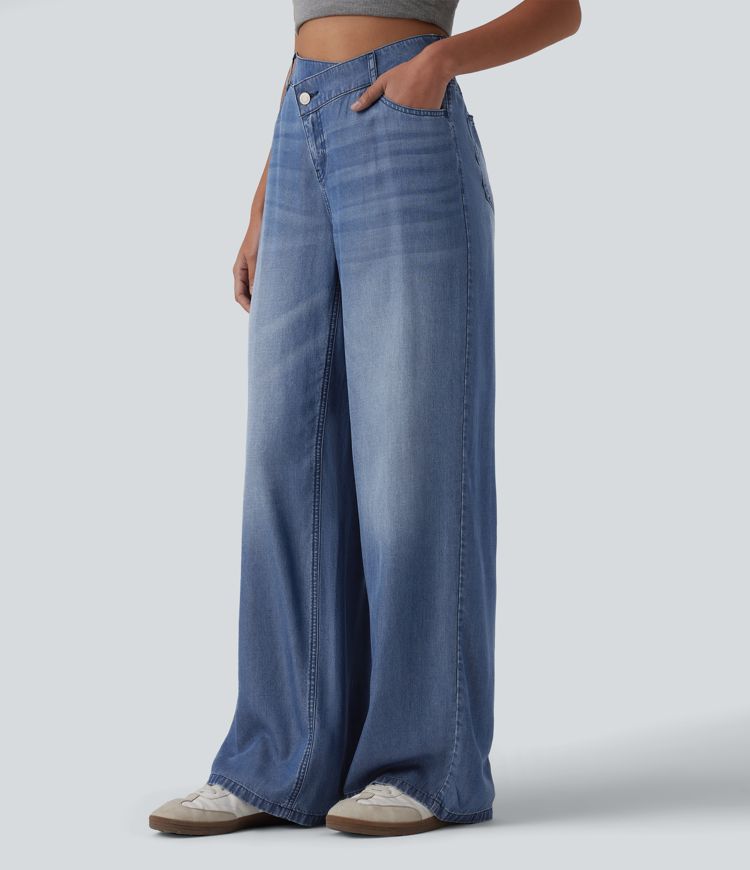 Asymmetric Mid Rise Draped Wide Leg Casual Jeans with Pockets