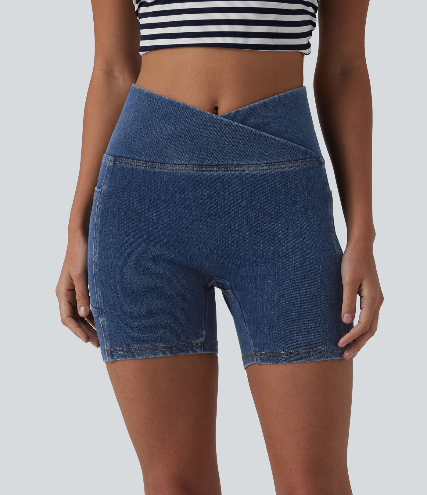 Halara Flex™ Crossover High Waisted Tummy Control Denim Casual Skinny Shorts 5'' with Pockets
