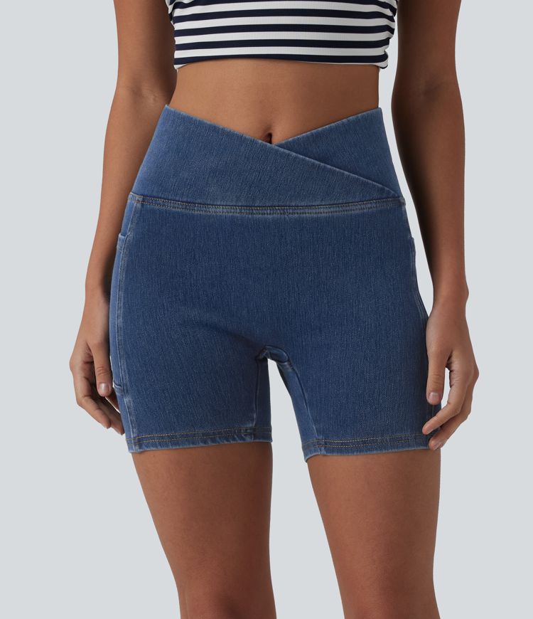 Halara Flex™ Crossover High Waisted Tummy Control Denim Casual Skinny Shorts 5'' with Pockets