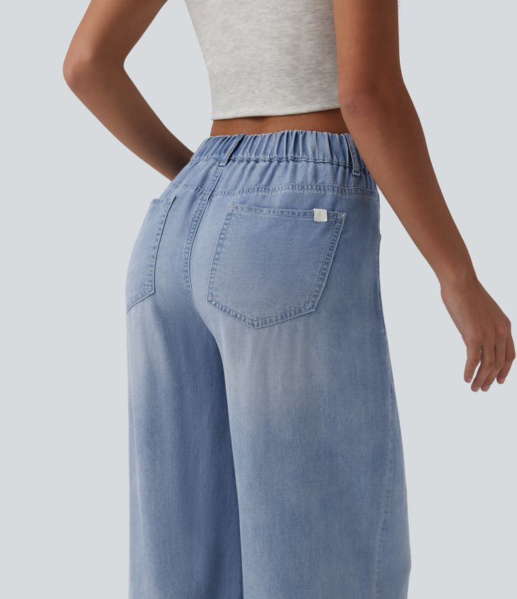 Asymmetric Mid Rise Draped Wide Leg Casual Jeans with Pockets