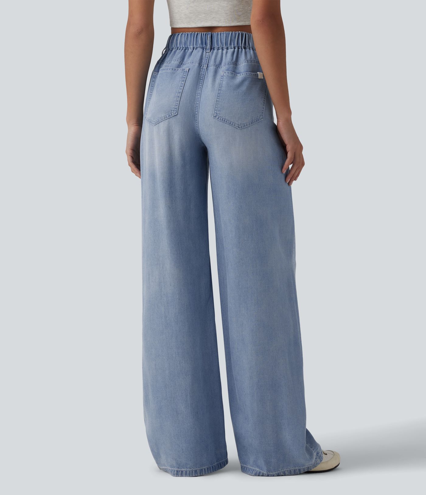 Asymmetric Mid Rise Draped Wide Leg Casual Jeans with Pockets