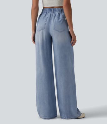Asymmetric Mid Rise Draped Wide Leg Casual Jeans with Pockets